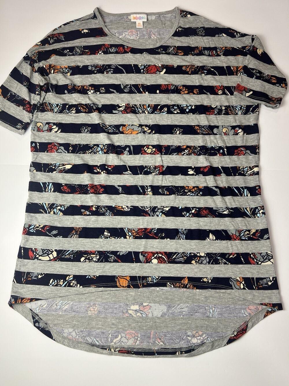 LuLaRoe Womens XS Pullover Knit Top Heather Gray Blue Red Floral Stripes SS